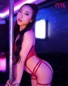 Femme en lingerie rouge posant sensuellement près d'une barre de pole dance. Ambiance néon violet et bleu. Texte "PINK Palace".